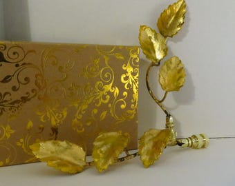 Patina Gold Leaf  Vintage Italian Tole Leaf Lamp Finials, a pair by C. Damien Fox