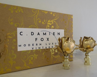 Vintage Italian Tole Rose Lamp Finials , a pair. Brilliant Gold Leaf Restored. Luxury MCM