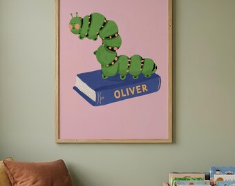 Caterpillar Reading Nook Nursery Print Custom Name | Whimsical Kids' Room Wall Art (Digital Download)