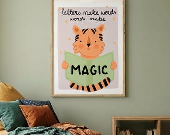 Reading Tiger Print | Whimsical Kids' Room Library Wall Art Reading Corner Book Nook (Digital Download)