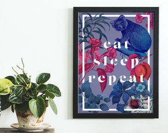 Vintage Collage Poster Eat Sleep Repeat Koala Gift Bedroom Holidays