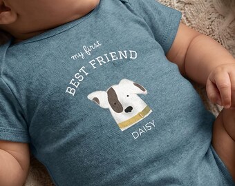 Custom Best Friend Personalised Dog's Name, Dog Portrait Sleepsuit: Baby Announcement Gift