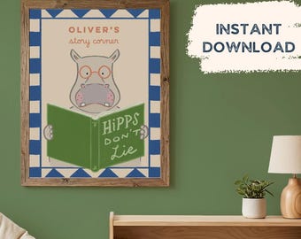 Custom Name Reading Hippo Print | Whimsical Kids' Room Library Wall Art Reading Corner  (Digital Download)