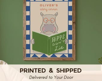 Custom Name Book Reading Hippo Print | Library Wall Art for Kids | Reading Corner Decor | Bookworm Gift