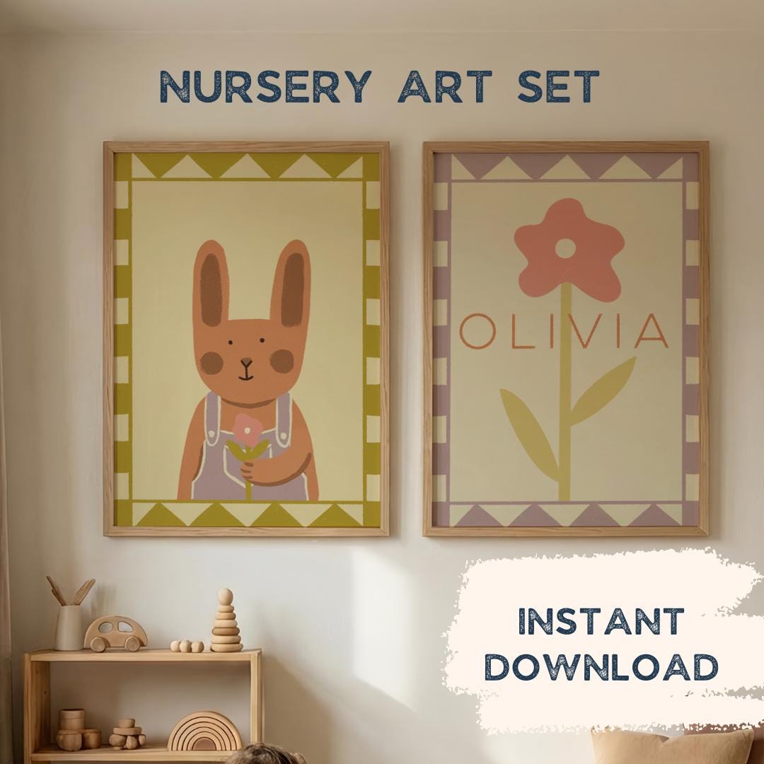 Bunny Neutral Nursery Floral Print Set of 2 | Whimsical Kids' Room Wall ...