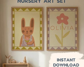 Bunny Neutral Nursery Floral Print Set of 2 | Whimsical Kids' Room Wall Art (Digital Download)