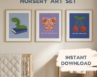 Sibling Nursery Wall Art Bundle – Caterpillar Butterfly Prints for Baby Sister & Brother (Digital Download)
