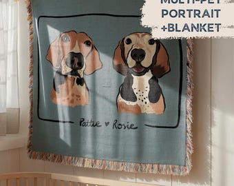 Custom Multi-Pet Portrait Blanket – Snuggle Your Furry Family Together HAND DRAWN ILLUSTRATION by Artist