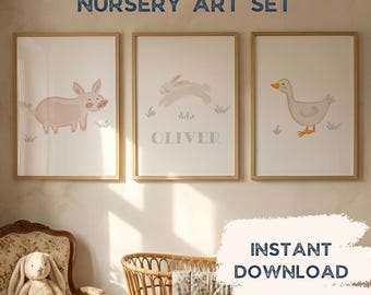 Farm Barnyard Nursery Wall Art Bundle Set – Bunny Goose Piggy Prints for Baby Sister & Brother (Digital Download)