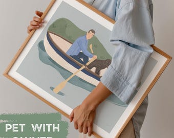 Custom Pet Portrait with Owner Painting, Family Illustration Art Human made Hand-drawn (Digital Download)