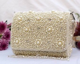 Pearl Embroidered Clutch for Weddings, Bridal Ivory Handbags, Rhinestone Embellished Designer Clutches, Bridal Gift for Her, Diwali Party