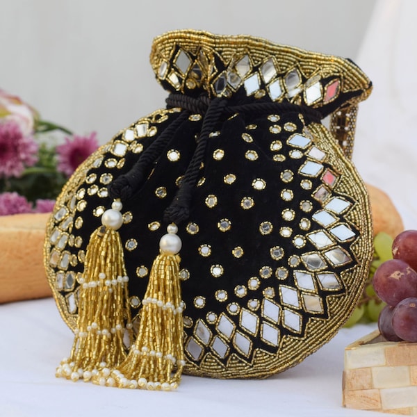 Stardust Mirror-work Potli, Bridal Drawstring Pouch, Embellished Bag, Gold & Silver Hand-Embroidery, Christmas Gift Ideas, Gifts for Her