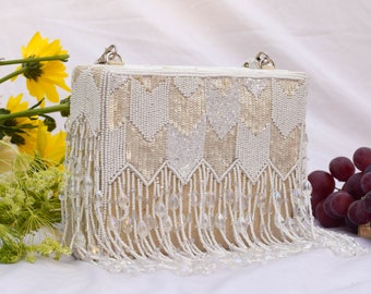 White Sequin Clutch, Designer Indian Wedding Bag, Asian Accessory Gift for Her, Embroidered Crystal Box Clutch with Handle for Diwali Party