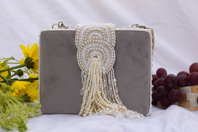 Pearl Embellished Clutch, Evening Clutches, Minaudières, Faux Suede Bag