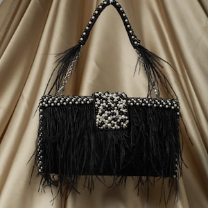 Bridal beaded bags, black clutch, party clutch, indian cocktail bag, pearl and fur black bag