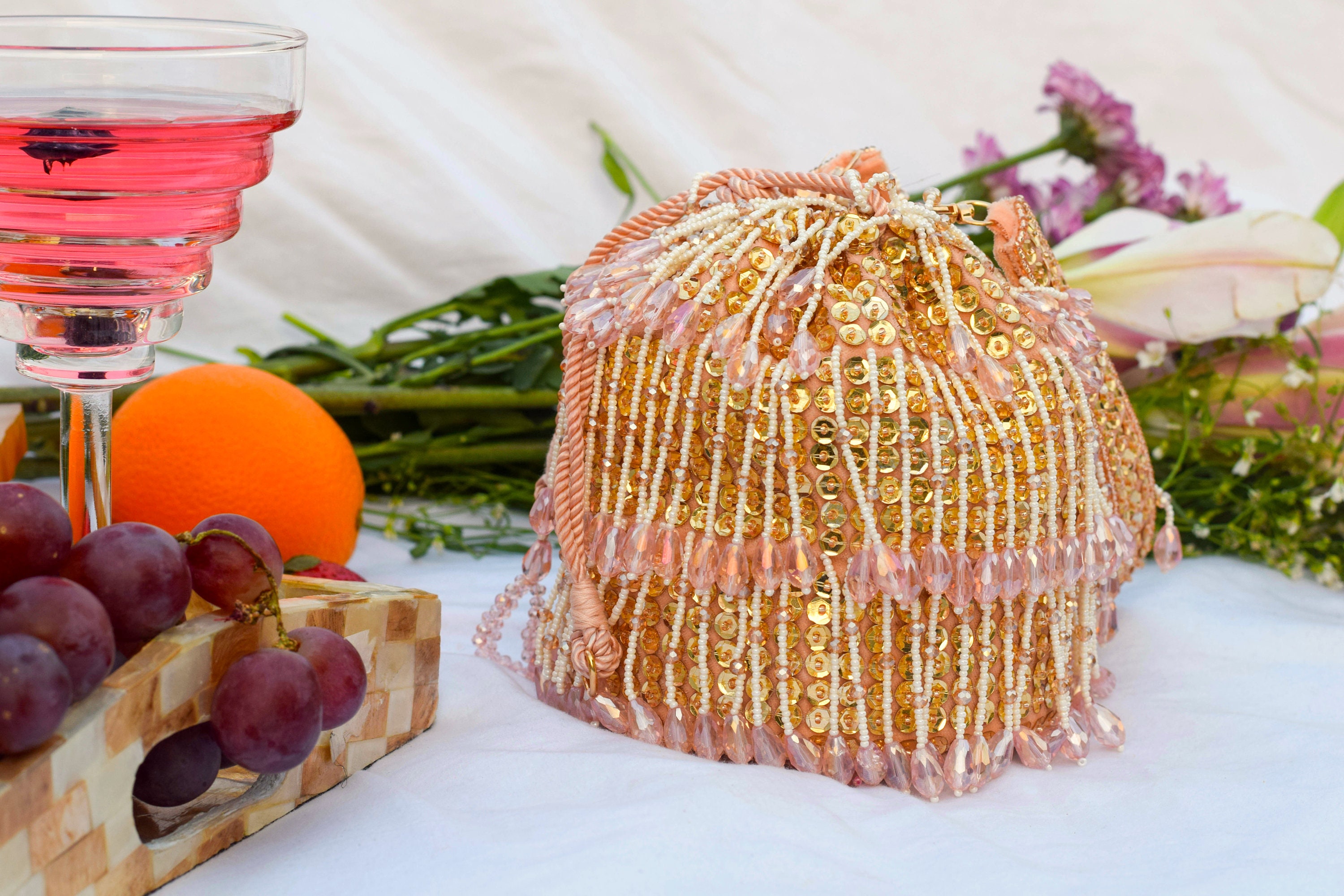 Crystal Embellished Bucket Bag, Evening Bag, Pink Bucket Bag, Sequin