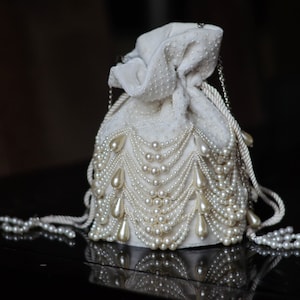 Pearl Potli with Drawstrings, Indian Wedding Accessory, Handmade Bridal Purse, Evening Purse, Gift for Her, Bucket Bags, Statement Bag