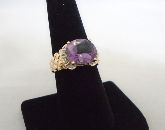 Amethyst Ring- Diamond Accents- 10 K Yellow Gold-… - image 2