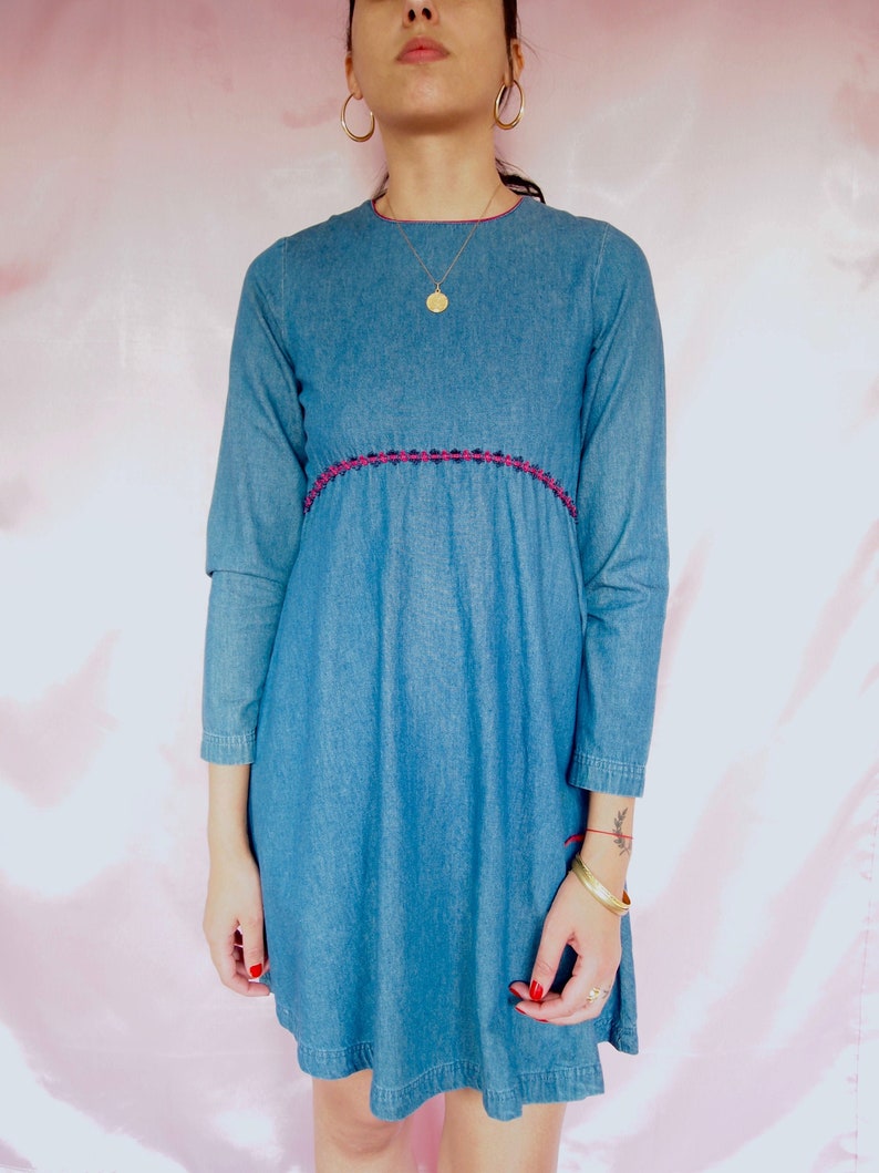 Vintage Denim Long Sleeve Dress 70s Vintage Dress Hippie Boho Dress Short Dress Small