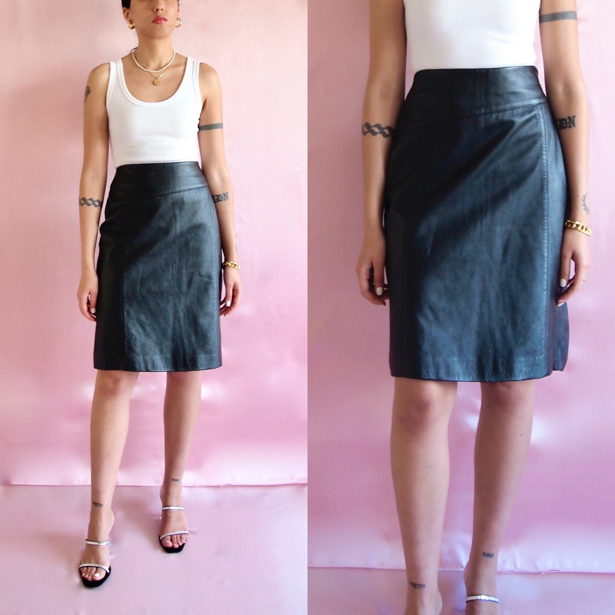 Vintage Leather Skirt Black Leather Skirt 12 Uk Etsy