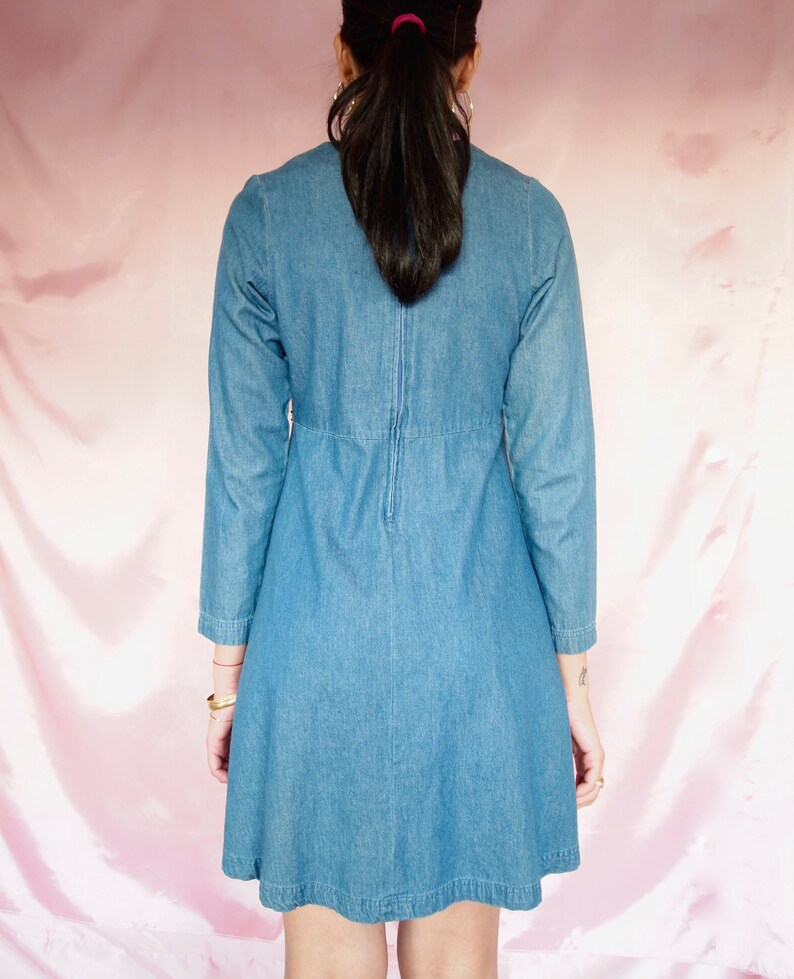 Vintage Denim Long Sleeve Dress 70s Vintage Dress Hippie Boho Dress Short Dress Small