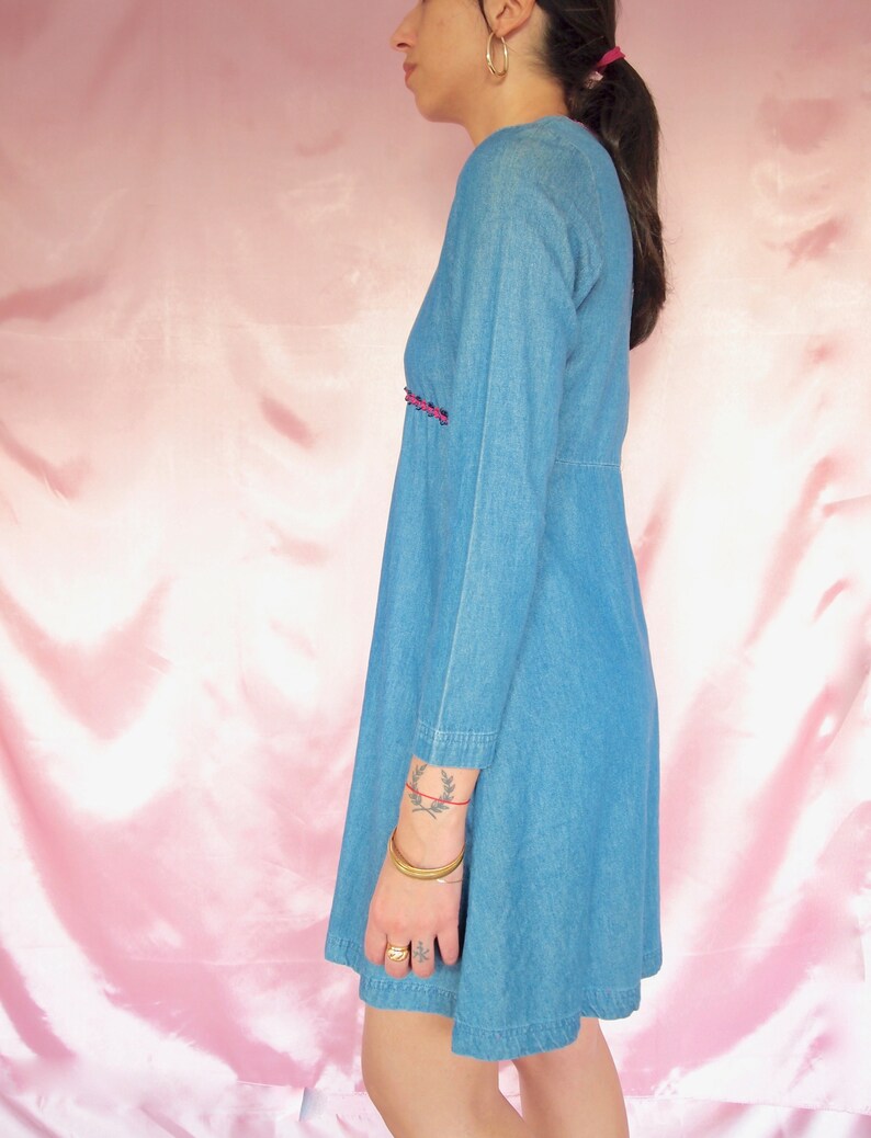 Vintage Denim Long Sleeve Dress 70s Vintage Dress Hippie Boho Dress Short Dress Small