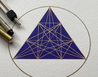 Tetraktys - Blue and Golden Sacred Geometry Drawing_pythagorean school_divine proportion