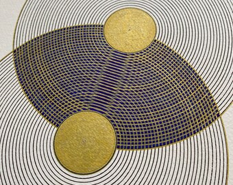 Vesica Piscis - Sacred Geometry Hand drawing - Wave interference- black, blue and gold
