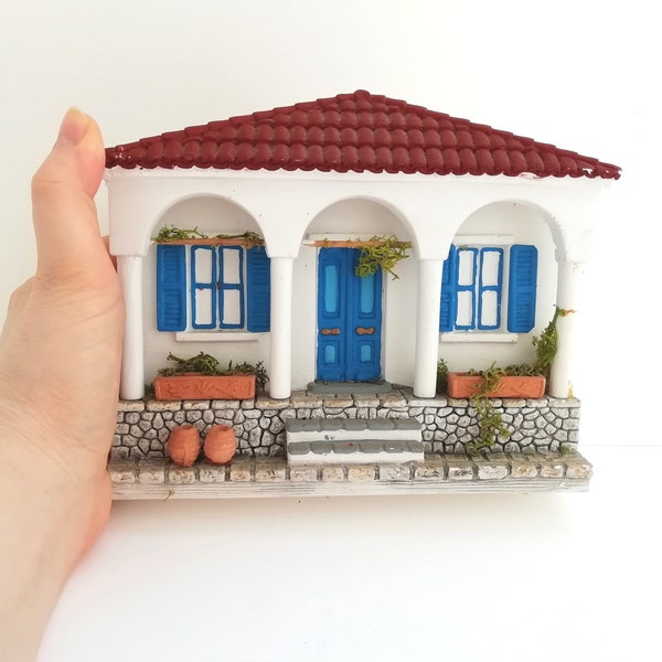 Traditional Greek House Miniature, Clay Tiny House, Vintage Handmade Souvenir by Greece, House Facade Wall Decor, Rustic Home Decor