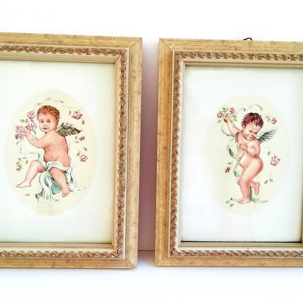 Framed Pair Cherub Prints Vintage 1980s Cupid Angels with Roses Miniature Two Shabby Classic Prints, Gold Beige Wood Frames, Home Decor Gift