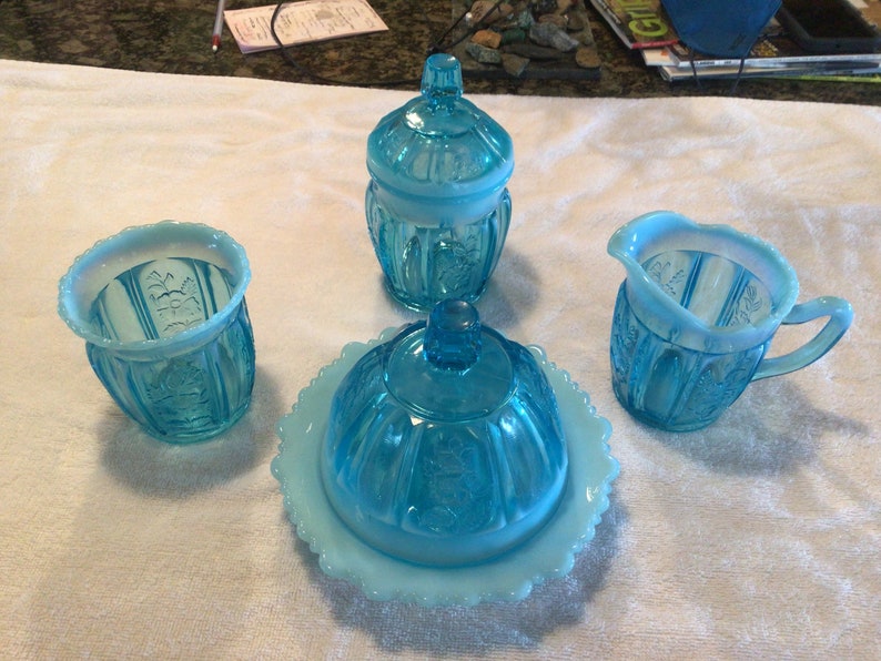 Antique Blue Milk Glass Serving Set Etsy