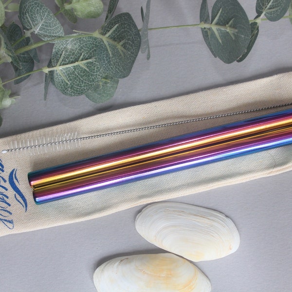 Large Rainbow Steel Straw  / Straws Set with Bag & Cleaner iridescent EcosoGood Bubble Tea / Smoothie / Milkshake / Boba Eco Friendly Metal