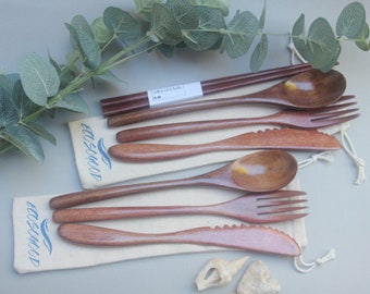 Wooden Bamboo Cutlery Set in Pouch Portable + Reusable Picnic Travel Enviromentally Eco Friendly Lunch Office Gift