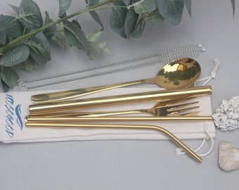 Gold Steel Eco Cutlery Set + 3 Metal Straws & Cleaner Eco Picnic Travel Gift Fork Spoon Reusable Enviromentally Friendly
