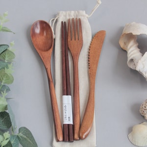 Wooden Bamboo Cutlery Set in Pouch Portable Reusable Picnic Travel Enviromentally Eco Friendly Lunch Office Gift image 4