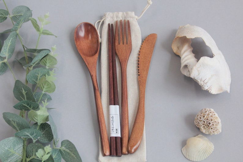 Wooden Bamboo Cutlery Set in Pouch Portable Reusable Picnic Travel Enviromentally Eco Friendly Lunch Office Gift image 4