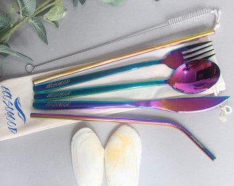 Rainbow Steel Eco Cutlery Set + 2 Metal Straws & Cleaner + Pouch EcosoGood