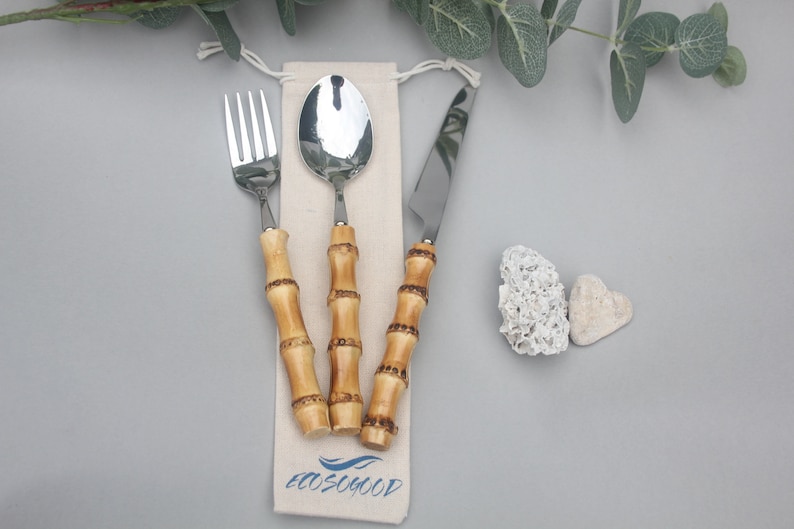 Bamboo & Steel Cutlery Set Eco Friendly Picnic Travel Enviromentally Friendly Lunch Office Gift EcosoGood image 7