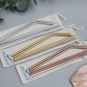 Set of Straws with Pouch and Cleaner Gold Silver Rose Gold Stainless Steel EcosoGood