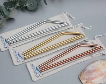 Set of Straws with Pouch and Cleaner Gold Silver Rose Gold Stainless Steel EcosoGood