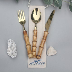 Bamboo & Steel Cutlery Set Eco Friendly Picnic Travel Enviromentally Friendly Lunch Office Gift EcosoGood image 2