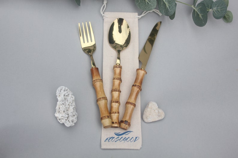 Bamboo & Steel Cutlery Set Eco Friendly Picnic Travel Enviromentally Friendly Lunch Office Gift EcosoGood image 2