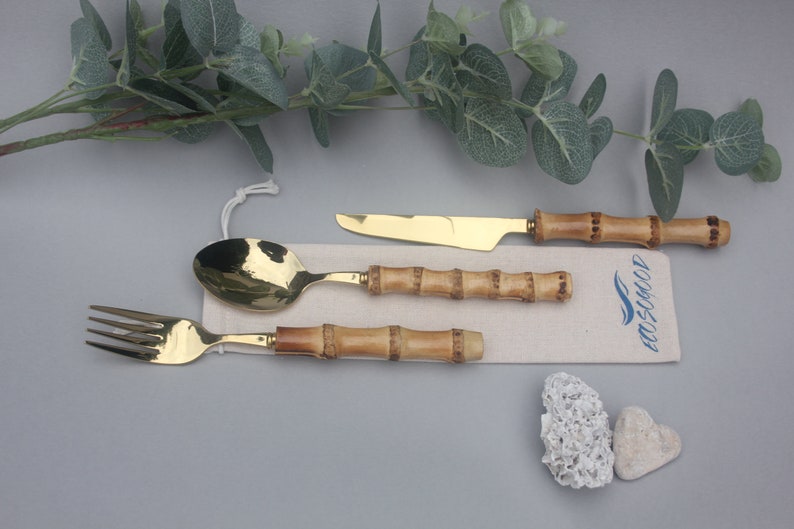 Bamboo & Steel Cutlery Set Eco Friendly Picnic Travel Enviromentally Friendly Lunch Office Gift EcosoGood image 3