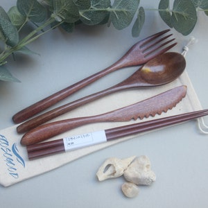 Wooden Bamboo Cutlery Set in Pouch Portable Reusable Picnic Travel Enviromentally Eco Friendly Lunch Office Gift image 3