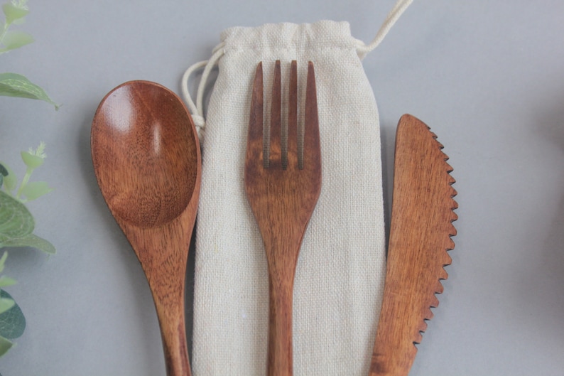 Wooden Bamboo Cutlery Set in Pouch Portable Reusable Picnic Travel Enviromentally Eco Friendly Lunch Office Gift image 8