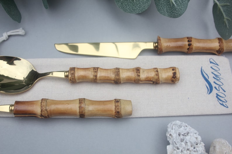 Bamboo & Steel Cutlery Set Eco Friendly Picnic Travel Enviromentally Friendly Lunch Office Gift EcosoGood image 5