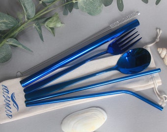 Blue Steel Eco Cutlery Set + 3 Metal Straws & Cleaner Eco Picnic Travel Gift Fork Spoon Reusable Enviromentally Friendly