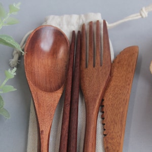 Wooden Bamboo Cutlery Set in Pouch Portable Reusable Picnic Travel Enviromentally Eco Friendly Lunch Office Gift image 5