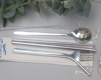 Silver Steel Eco Cutlery Set + 3 Metal Straws & Cleaner EcosoGood