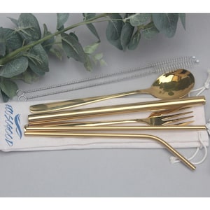 Gold Steel Eco Cutlery Set + 3 Metal Straws & Cleaner Eco Picnic Travel Gift Fork Spoon Reusable Enviromentally Friendly